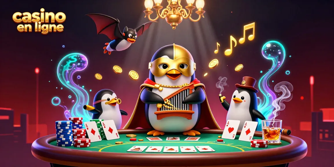 Découvrez le casino en ligne à travers une illustration captivante avec un pingouin jouant de l'orgue.