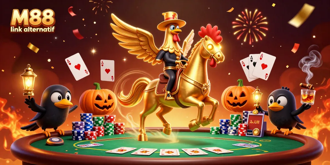 Engage with M88 link alternatif through vibrant casino games, featuring golden rooster in a lively setting.