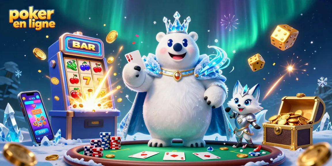 Le poker en ligne est animé par des personnages 3D dans un décor vibrant de casino.