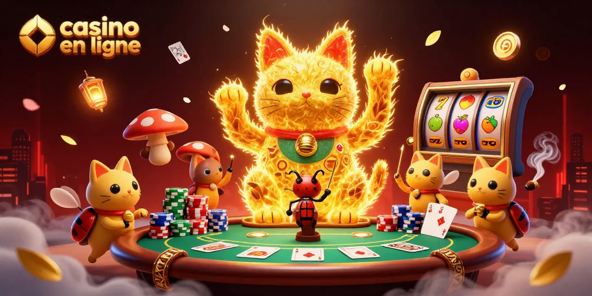 Admirez une illustration engageante de casino en ligne mettant en scène un chat porte-bonheur animé et des éléments de poker.