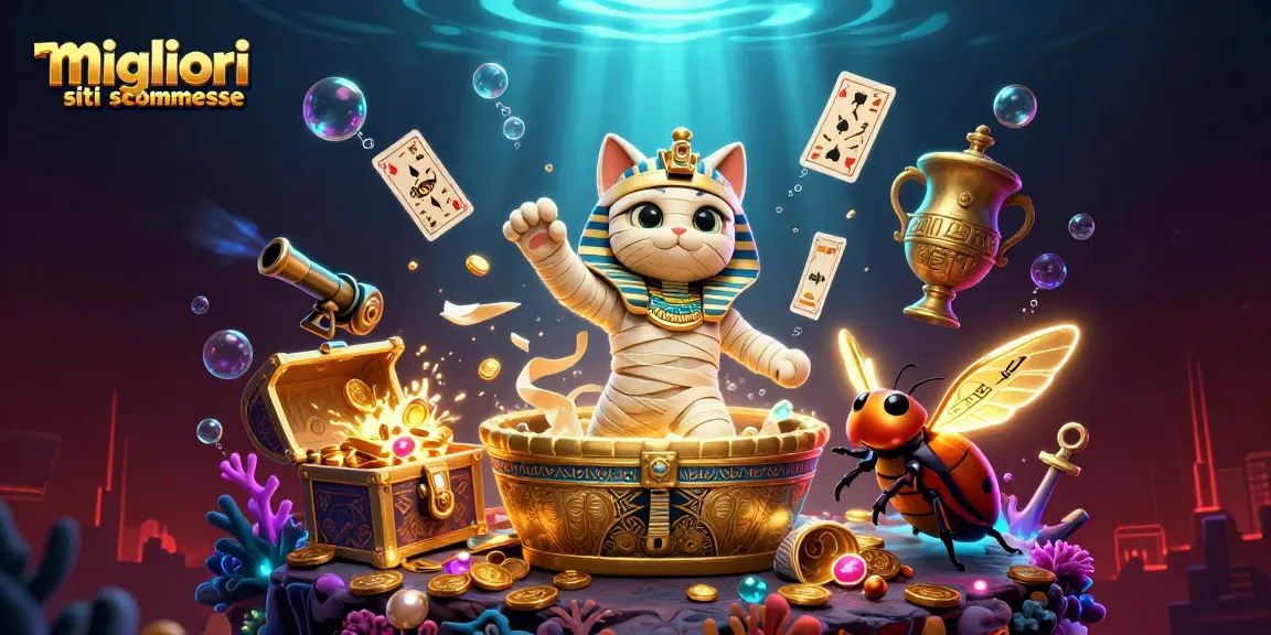 Migliori siti scommesse con un gatto mummificato egiziano e un scarabeo tra tesori e carte flottanti.