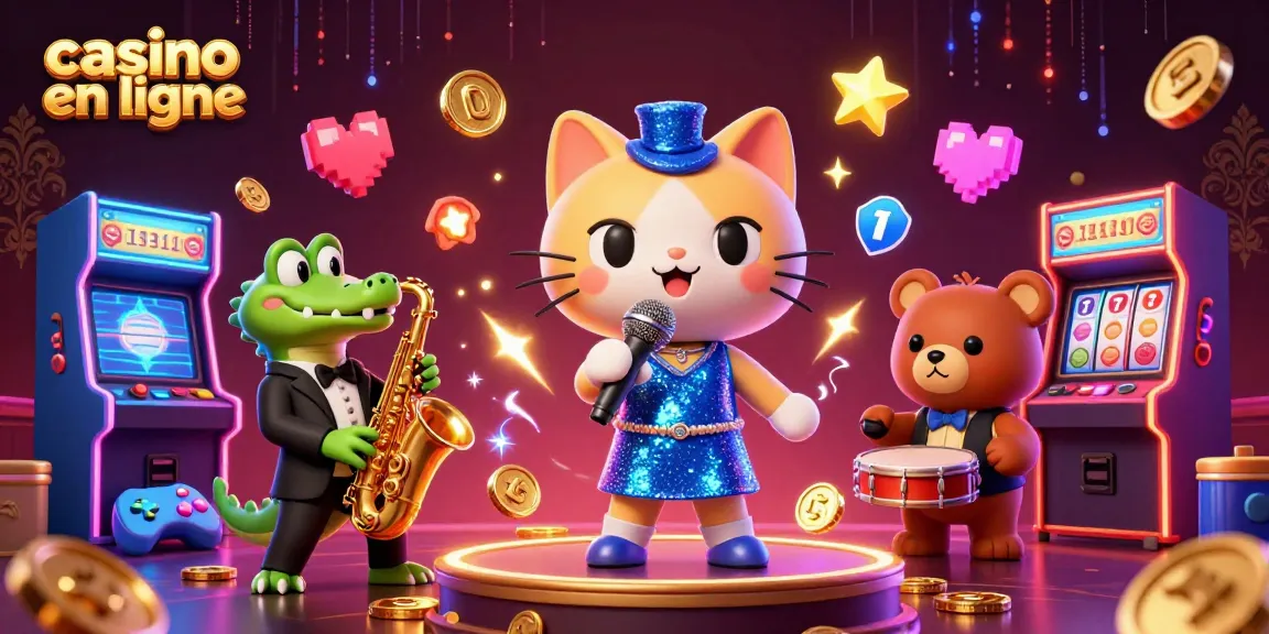Illustration dynamique d'un casino en ligne avec un chat chanteur en scène et des éléments de jeux d'arcade.