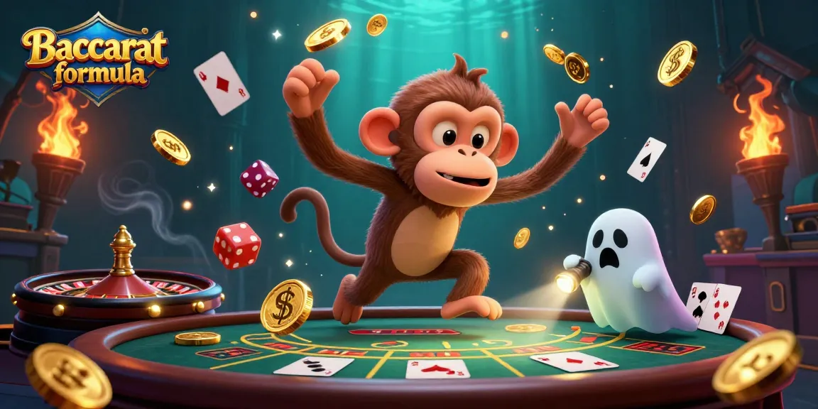 Baccarat formula in a vibrant illustration showcasing a poltergeist monkey juggling casino elements with an intrigued puppy.