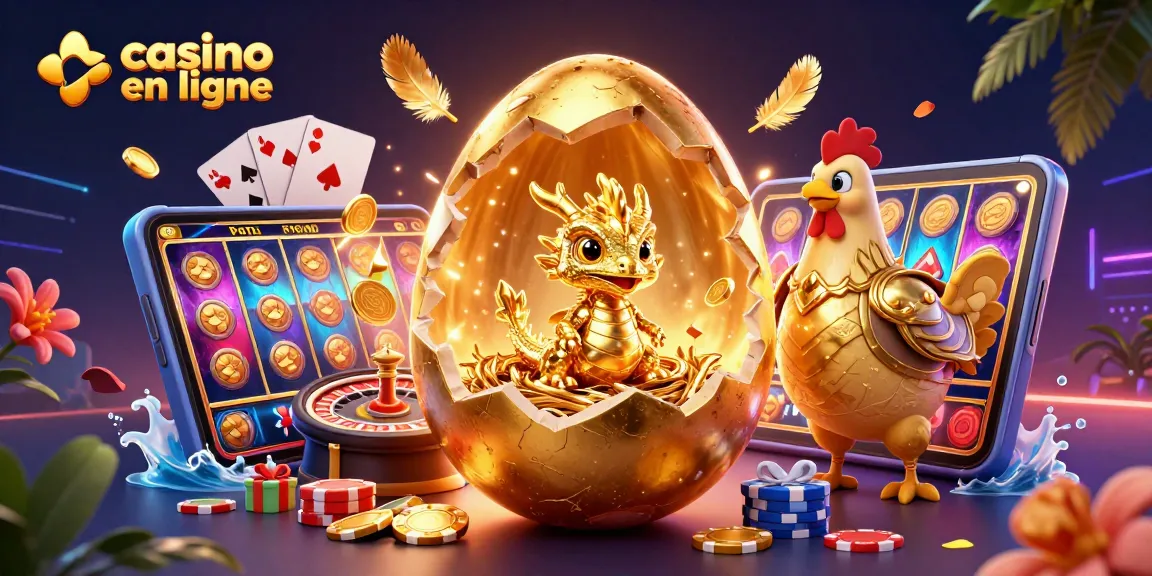 Jouer au casino en ligne avec une illustration 3D d'un œuf doré, un dragon et des jetons de poker.