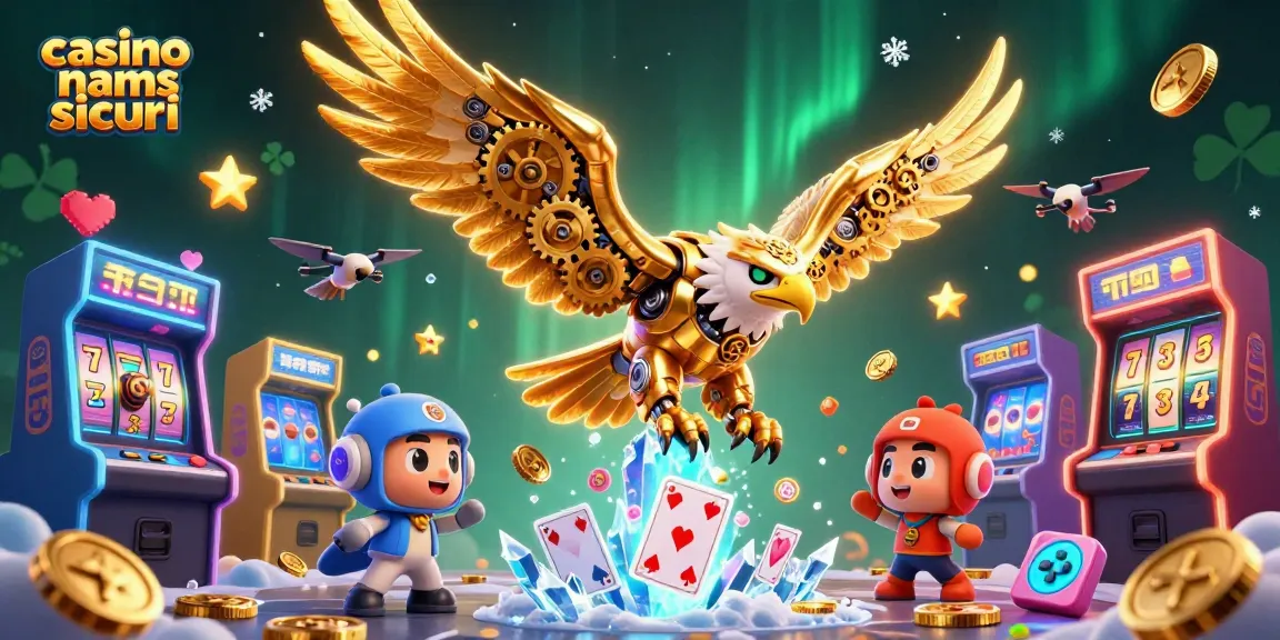 Gioca ai casinò non AAMS sicuri: un'aquila dorata tra carte olografiche e slot machines.
