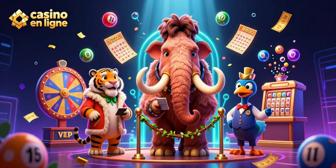 Casino en ligne : illustration 3D colorée avec mammouth, tigre et oiseau, ambiance festive