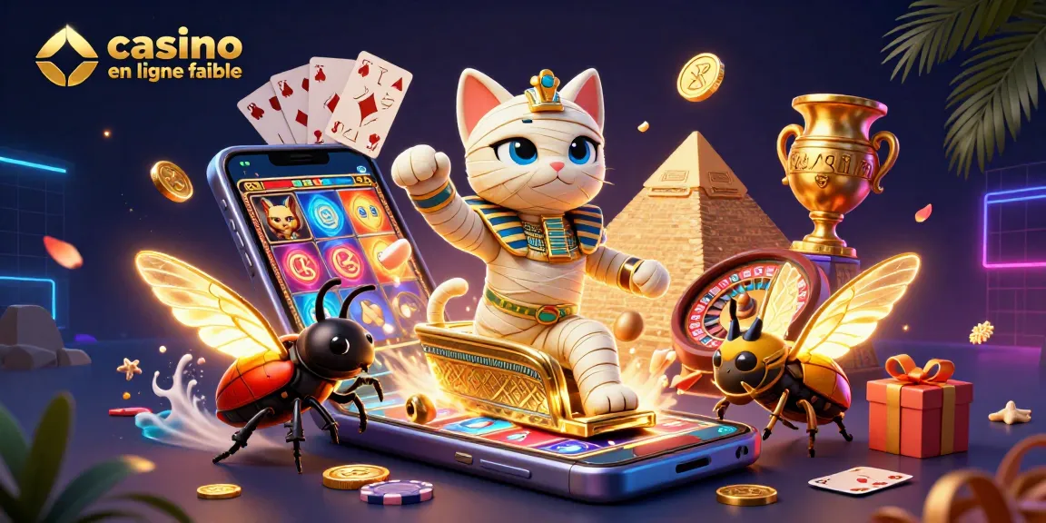 Jouer sur un casino en ligne fiable avec un chat momie égyptien dans un décor de pyramide rempli de jeux colorés.