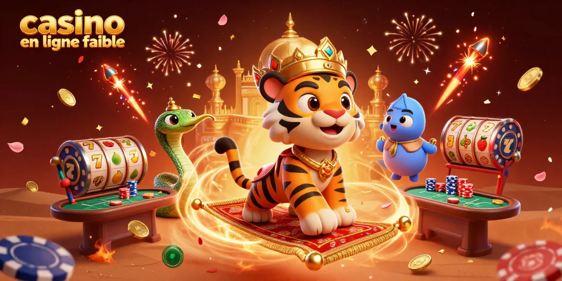 Plongez dans l'univers de casino en ligne fiable avec un tigre sultan en vol sur un tapis de jetons, entouré de symboles de jeux.