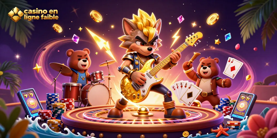 Vivez l'expérience d'un casino en ligne fiable avec un loup rock star et un ours batteur dans une illustration 3D dynamique.