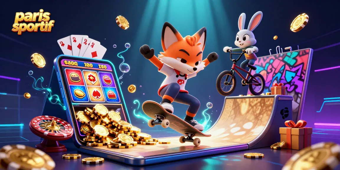 Action sur paris sportifs avec un renard sur planche à roulettes et un lapin BMX, entourés de symboles de jeu.