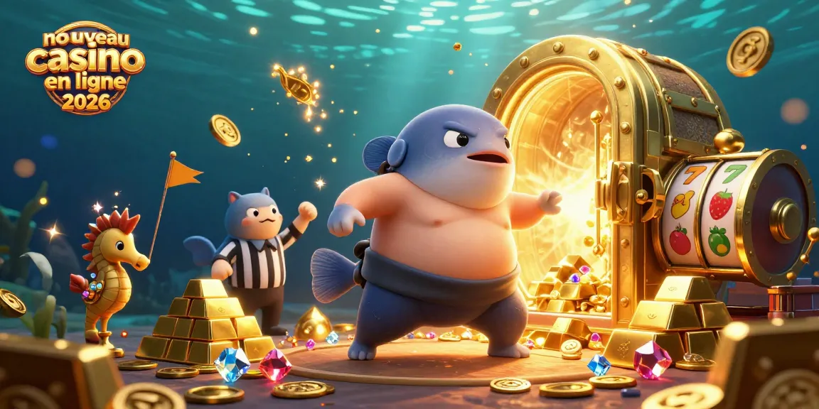 Illustration d'un nouveau casino en ligne 2026 avec un fugu sumo, un arbitre poisson-chat et des spectateurs hippocampe.