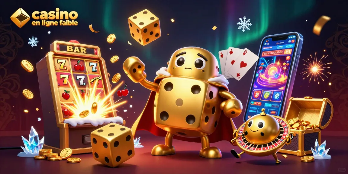 Jouer à un casino en ligne fiable avec une illustration 3D d'un golem de dés en or et des machines à sous fruitées.