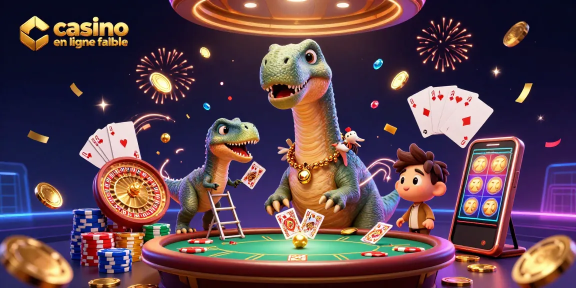 Illustration animée d'un casino en ligne fiable avec un brontosaure géant observant une table de poker.