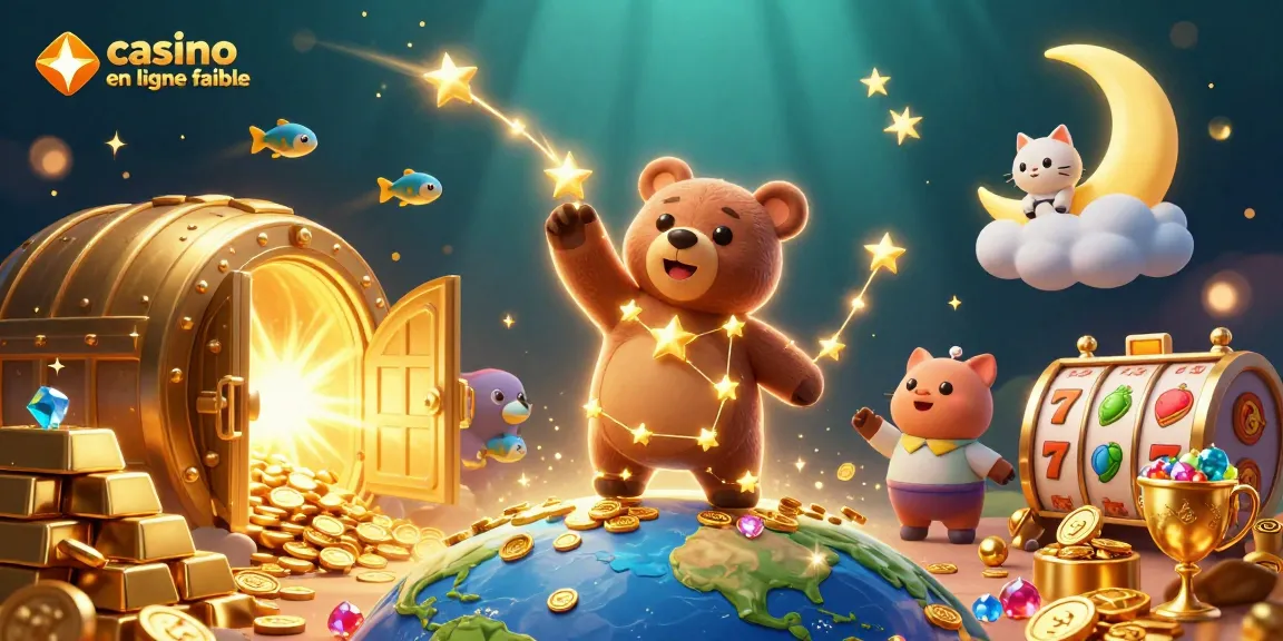 Venez découvrir un casino en ligne fiable avec un ours constellation attirant des pièces d'or sous une lumière scintillante.
