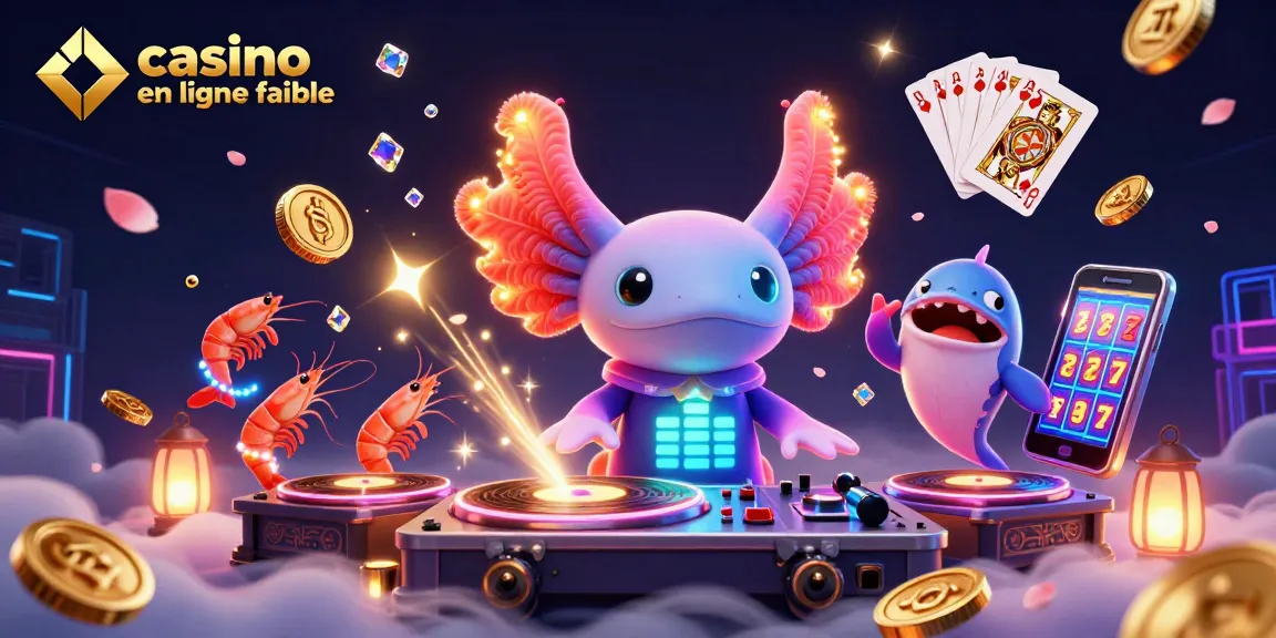 Illustrez un casino en ligne fiable avec un DJ axolotl, des crevettes dansantes et des effets lumineux captivants.