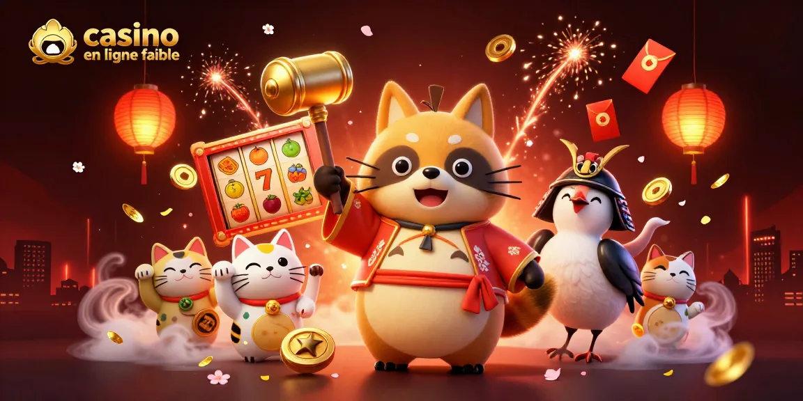 Illustrez votre expérience de jeu avec un casino en ligne fiable, heureux tanuki et éléments de jeux rassemblés.