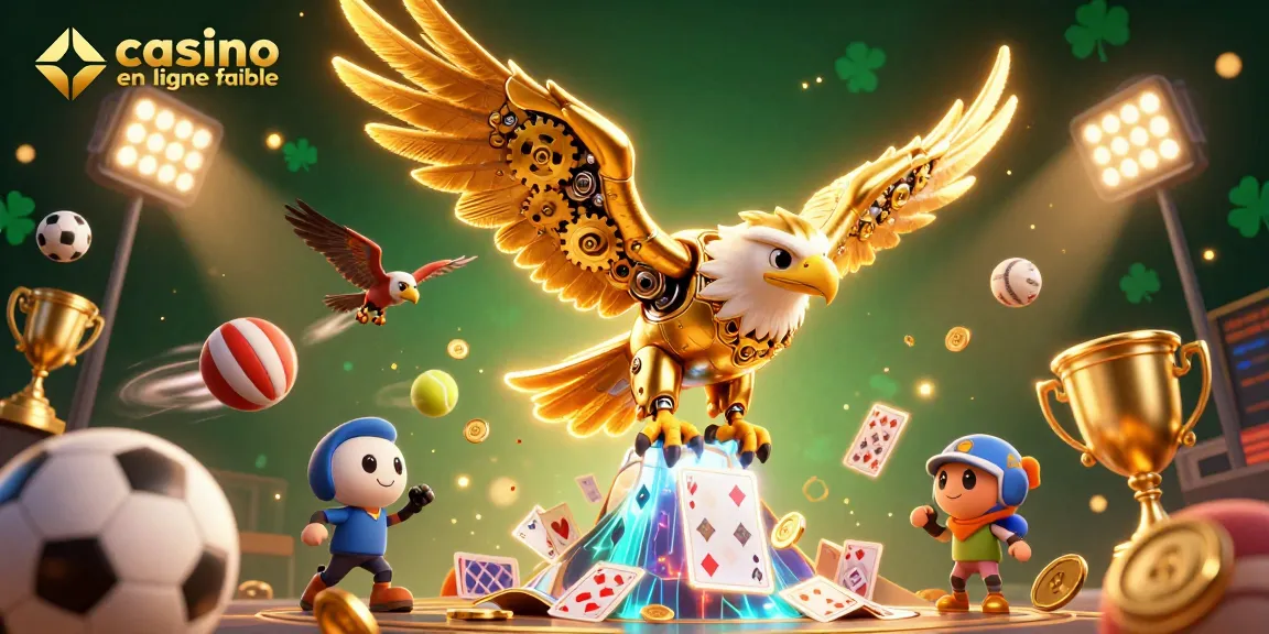 Jouez sur un casino en ligne fiable avec un aigle cybernétique au milieu de cartes de jeu holographiques.