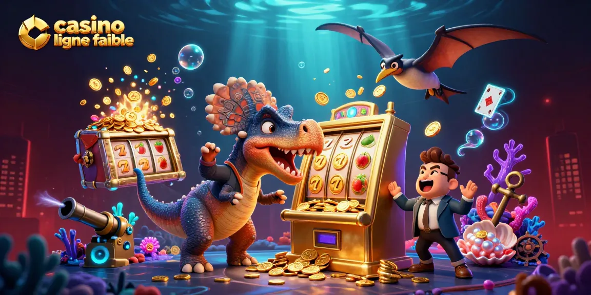 Action de gagner un jackpot sur une machine à sous avec un casino en ligne fiable, illustré par des dinosaures amusants.