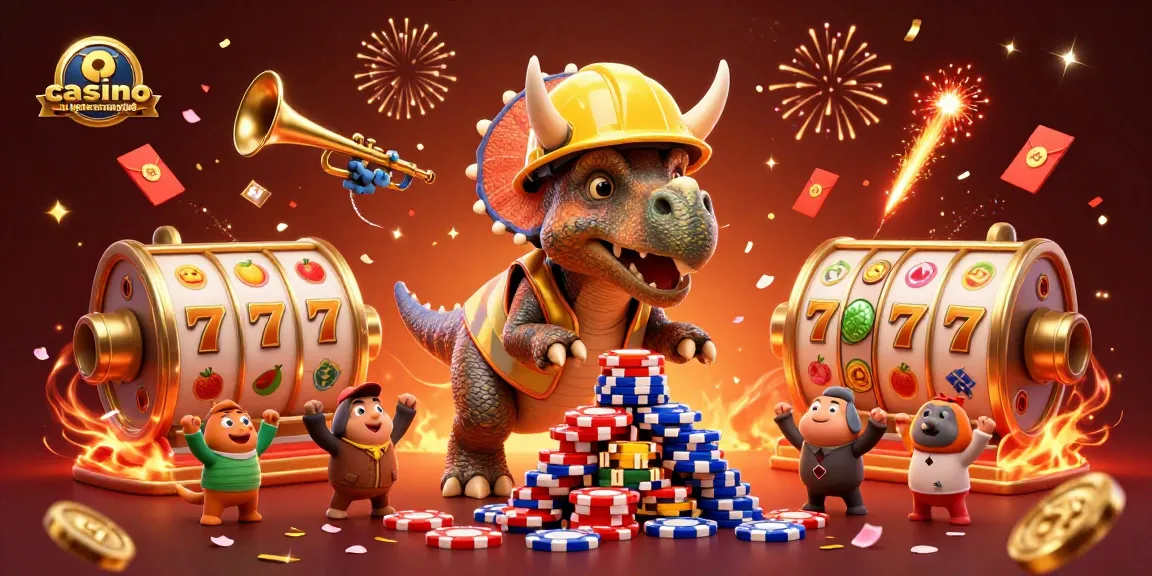 Casino en ligne retrait rapide : un dinosaure construit une pyramide de jetons de poker avec des éléments festifs.