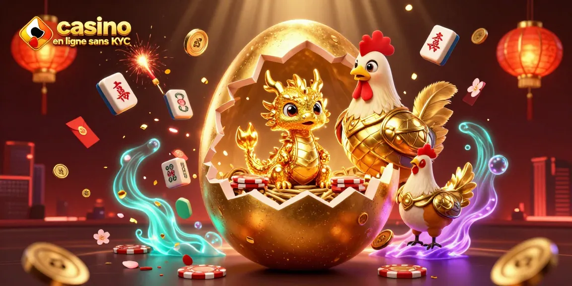 Illustration représentant un casino en ligne sans KYC avec un dragon en or sur un tas de jetons de poker.