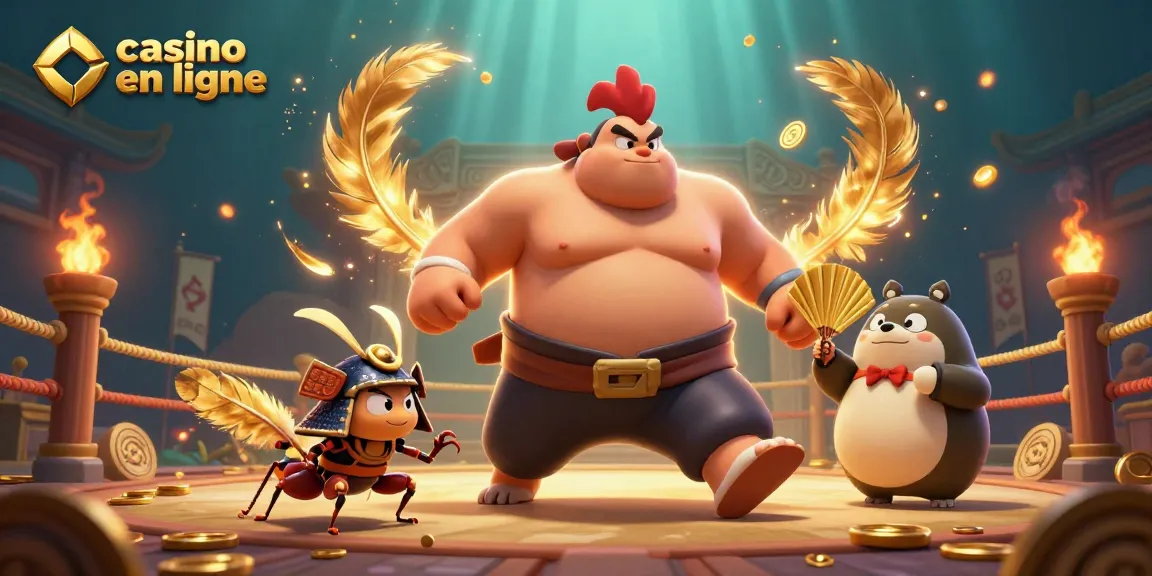 Découvrez une scène dynamique de casino en ligne avec un lutteur sumo géant et des personnages colorés.