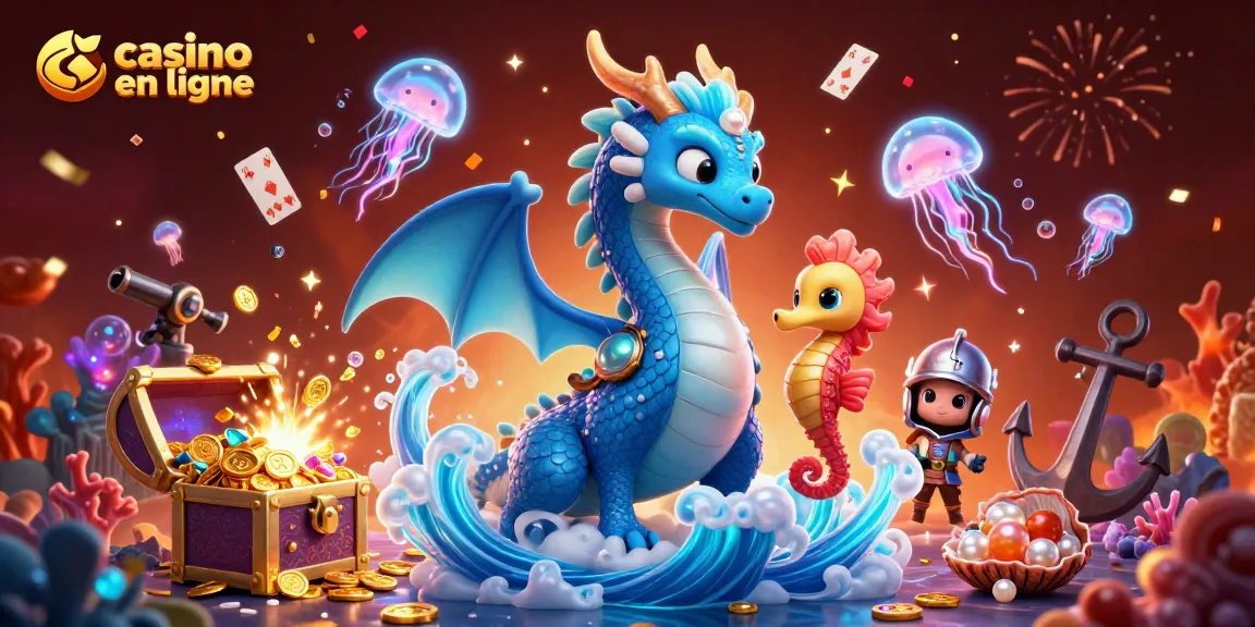 Gagnez avec les jeux de casino en ligne grâce à une illustration captivante de dragon et créatures marines.