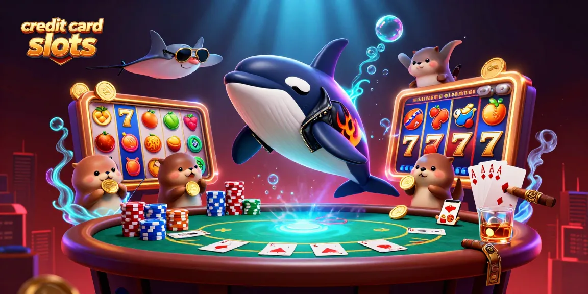 Engage with exciting credit card slots featuring playful sea creatures around vibrant casino elements.