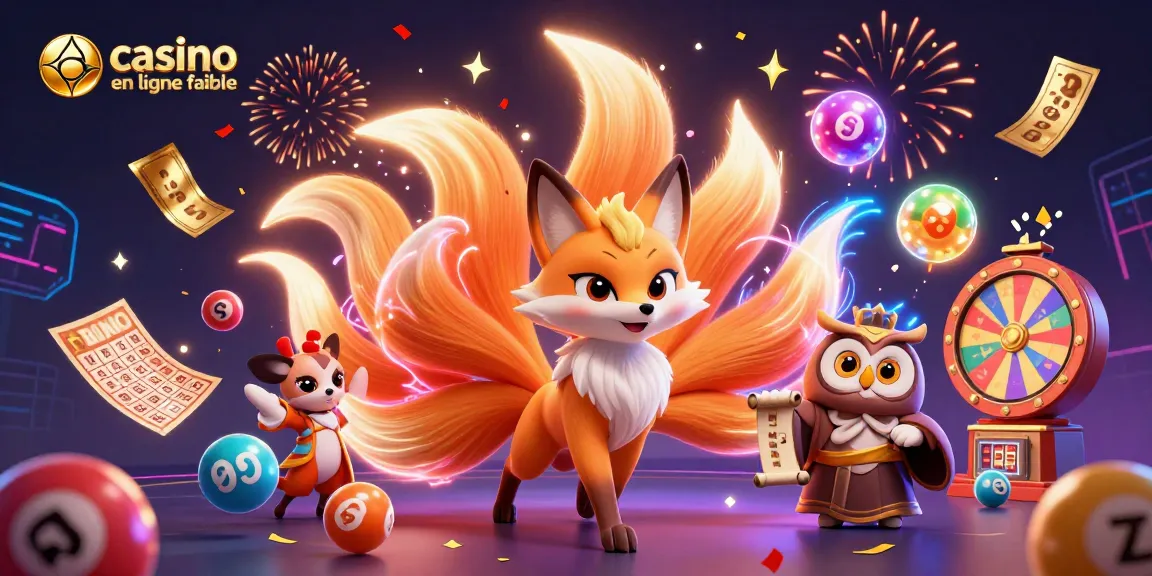 Illustration d'un casino en ligne fiable avec un renard à neuf queues et un hibou sage, entourés d'éléments de jeu colorés.