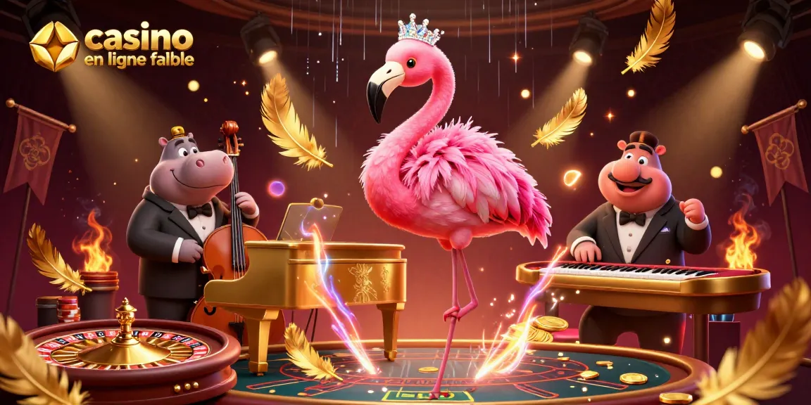 Jouer dans un casino en ligne fiable avec une illustration dynamique de chanteuse flamant rose et musiciens.
