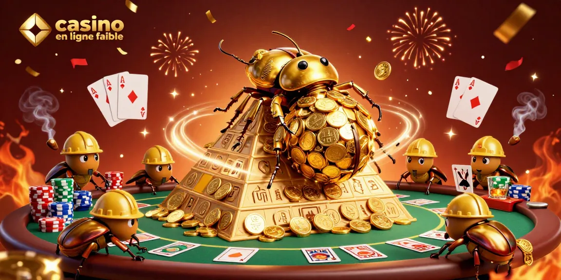 Plongez dans l'univers du casino en ligne fiable avec un scarabée doré massif roulant des pièces, entouré de jeux de poker.