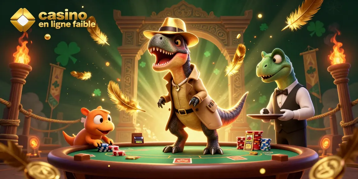 Jouez au casino en ligne fiable avec un velociraptor comptant des cartes devant une table de blackjack.