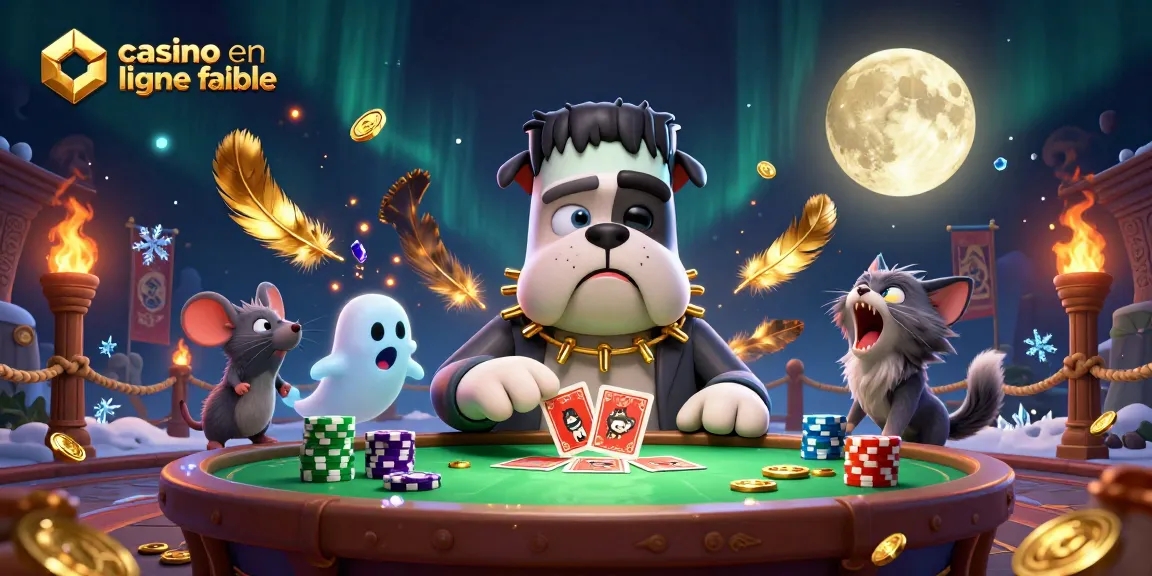 Une scène de jeu captivante avec un bulldog Frankenstein et un chat loup-garou, représentant un casino en ligne fiable.