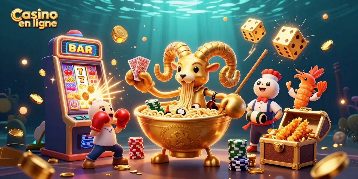 Illustration dynamique représentant un casino en ligne avec un bol de ramen géant, un gyoza, et des cheerleaders de tempura.