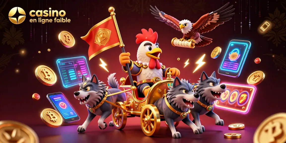 Illustration dynamique d'un casino en ligne fiable avec un coq en chef et des éléments de jeu éclairants.