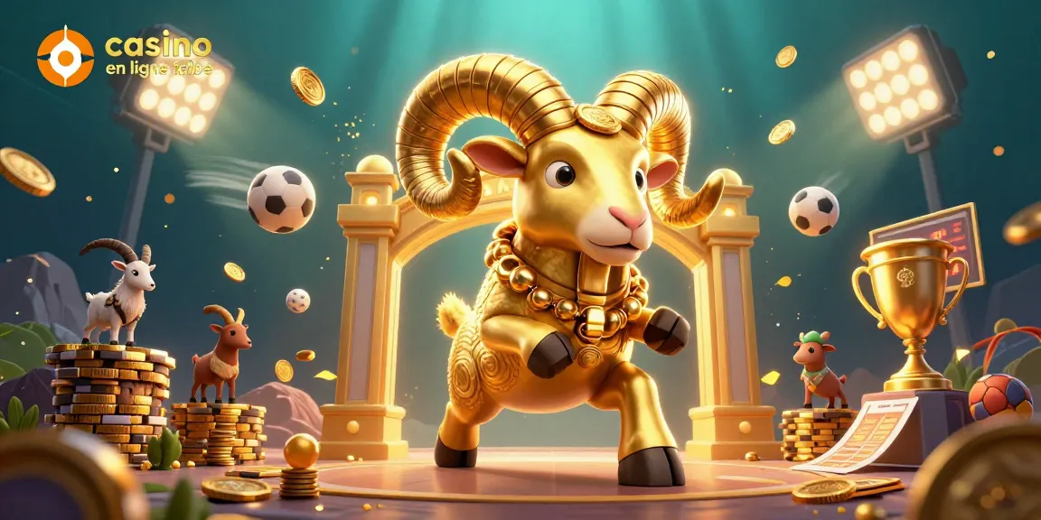 Illustration dynamique montrant "casino en ligne fiable", avec un bélier doré et des éléments sportifs animés.