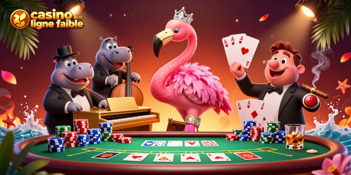 Visualisez un casino en ligne fiable avec des personnages animés, tels qu'un flamant rose chanteur, un hippopotame musicien, et des éléments de poker captivants.