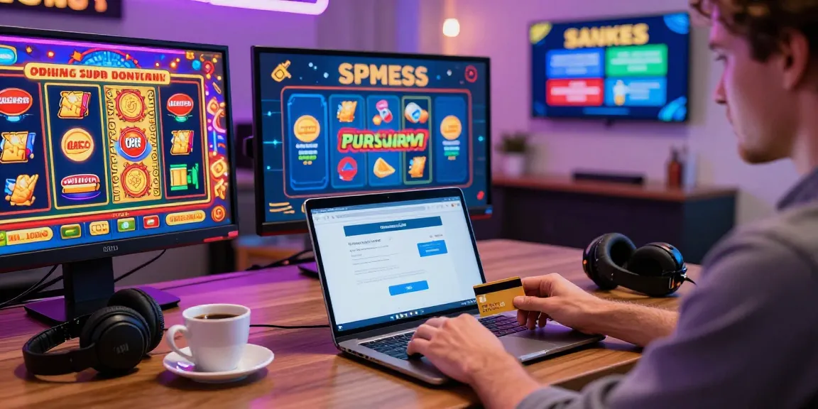 Engaging gaming moment at uk credit card casinos with vibrant online games and a player using a credit card for deposits.