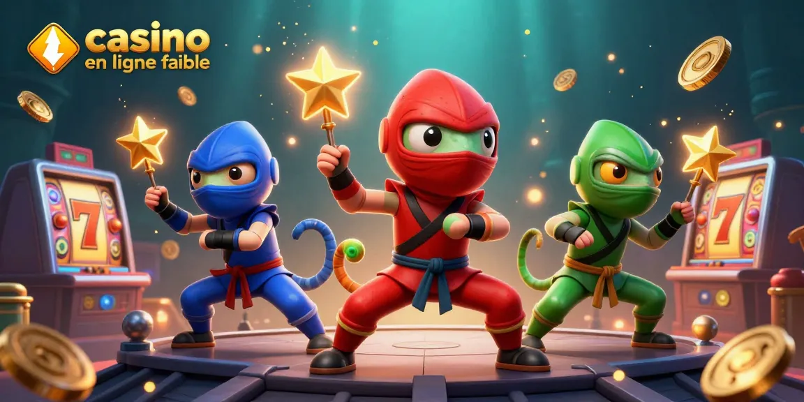 Une scène dynamique montrant une équipe de caméléons ninjas en action, illustrant un casino en ligne fiable avec des éléments de machine à sous.