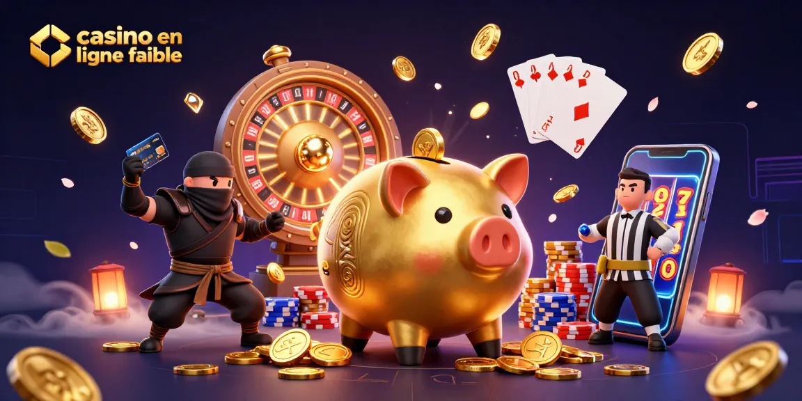 Visuel captivant avec une tirelire sumo en or et des éléments de jeu, représentant le casino en ligne fiable.