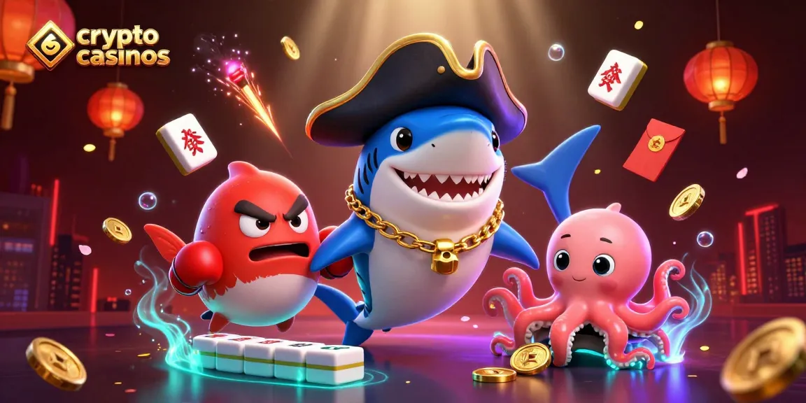 Découvrez les crypto casinos avec un requin jovial et ses amis sous-marins dans une scène ludique.