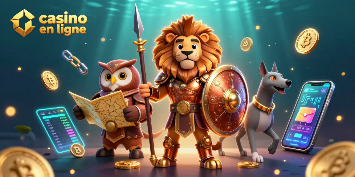 Joue au casino en ligne avec un lion spartan héroïque, un hibou tactique et un lévrier rapide, entourés de pièces de crypto-monnaie.
