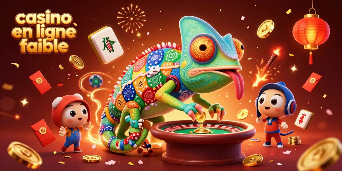 Explorez le casino en ligne fiable avec un caméléon coloré, des jetons et des éléments festifs.