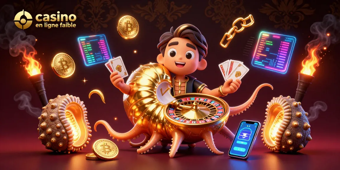 Une scène captivante de casino en ligne fiable avec un nautilus géant jouant des cartes, entouré de pièces de crypto-monnaies.