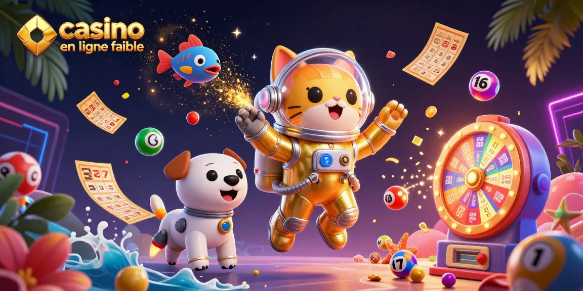 Illustration captivante d'un chat astronaute et un chien robot dans un casino en ligne fiable, entourés de jeux et de loteries.