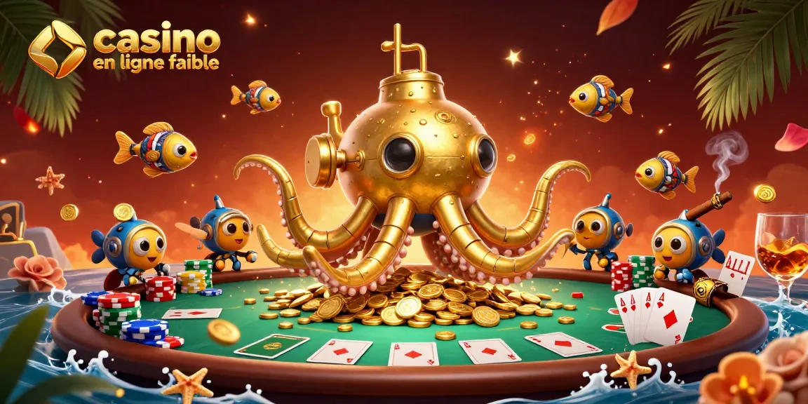 Profitez d'une expérience enrichissante dans un casino en ligne fiable avec un kraken doré et des jetons de poker.