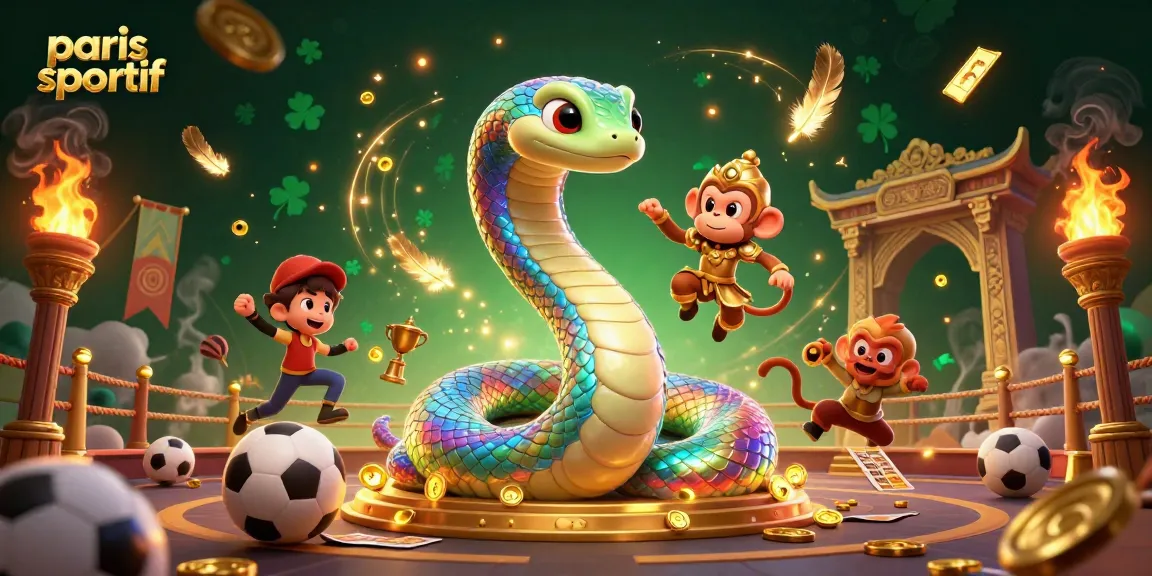 Pari sportif avec un serpent arc-en-ciel et le roi singe, entourés d'objets de jeu.