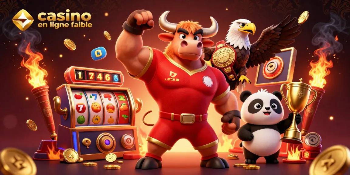 Découvrez un casino en ligne fiable avec un taureau musclé célébrant un jackpot, entouré de jeux et de trophées.