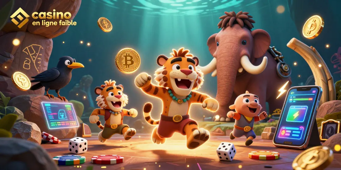 Jouez au casino en ligne fiable avec des personnages de cavemen et des éléments de jeu colorés.