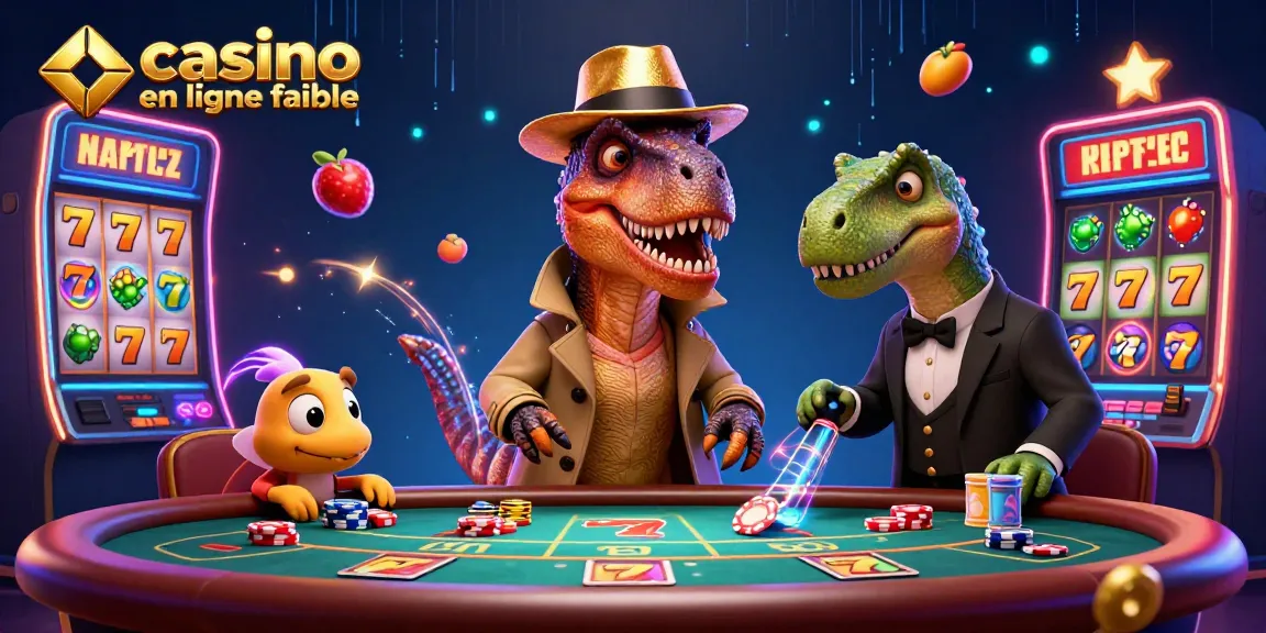 Illustration d'un casino en ligne fiable avec un vélociraptor jouant au blackjack.