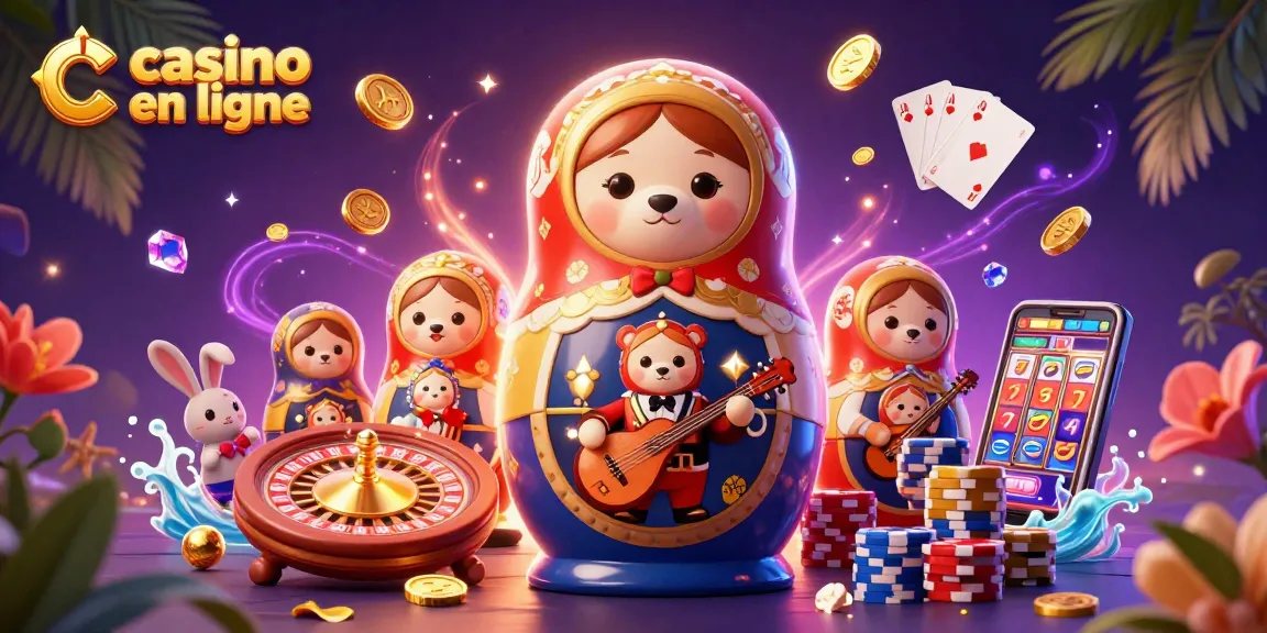 Plongez dans l'univers du casino en ligne avec des ours Matryoshka et des éléments festifs.